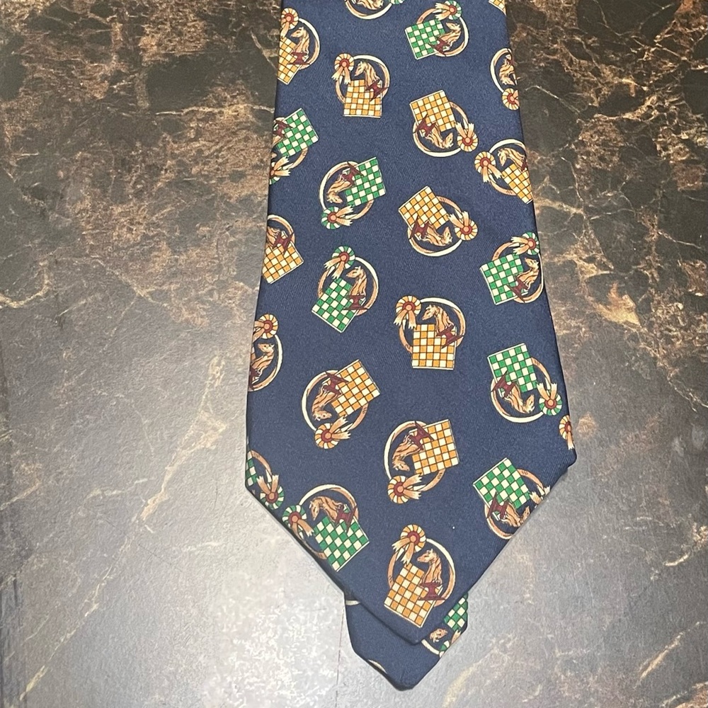 Salvatore Ferragamo Men Blue Horse Saddle Print Silk Necktie Handmade In Italy